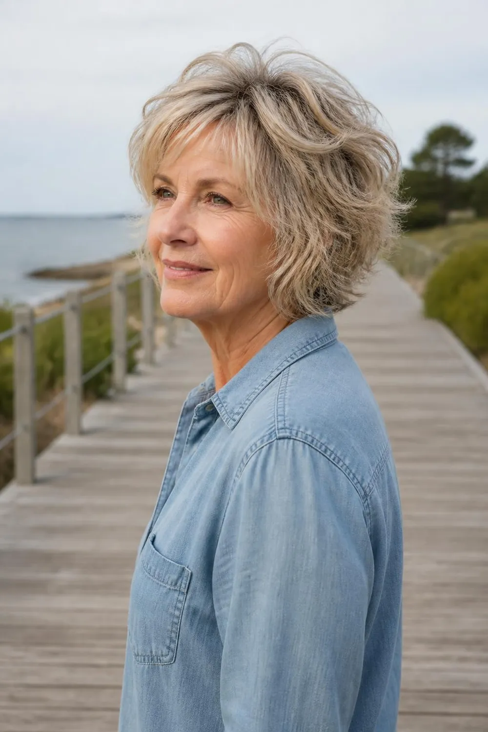 Tousled short shag with choppy layers for women over 60 with wavy hair