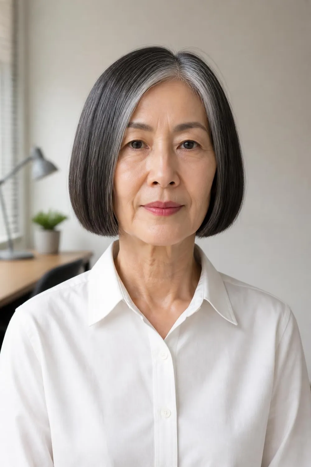 Chin-length blunt bob with a sharp straight line for women over 60