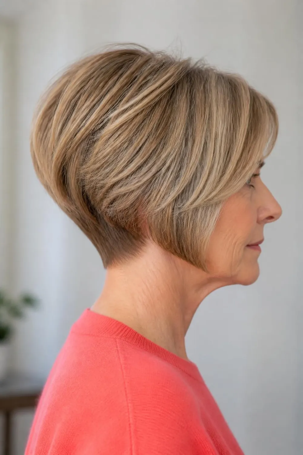 Stacked bob with a short tapered nape and fullness at the back for women over 60