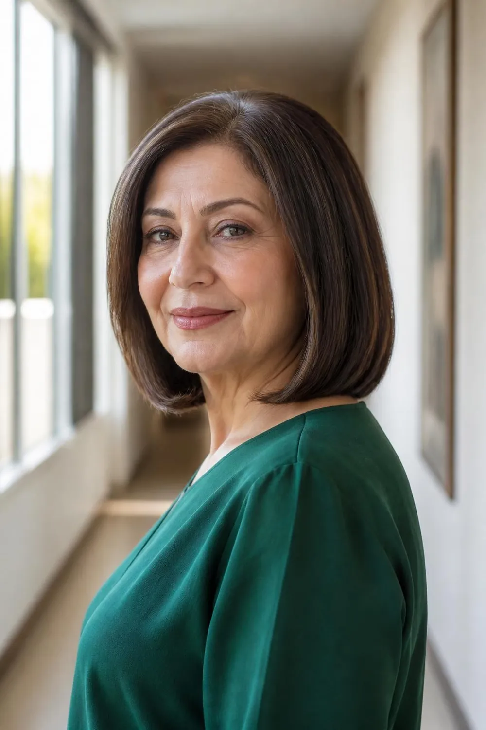 Soft A-line bob slightly longer in front for women over 60 with straight hair