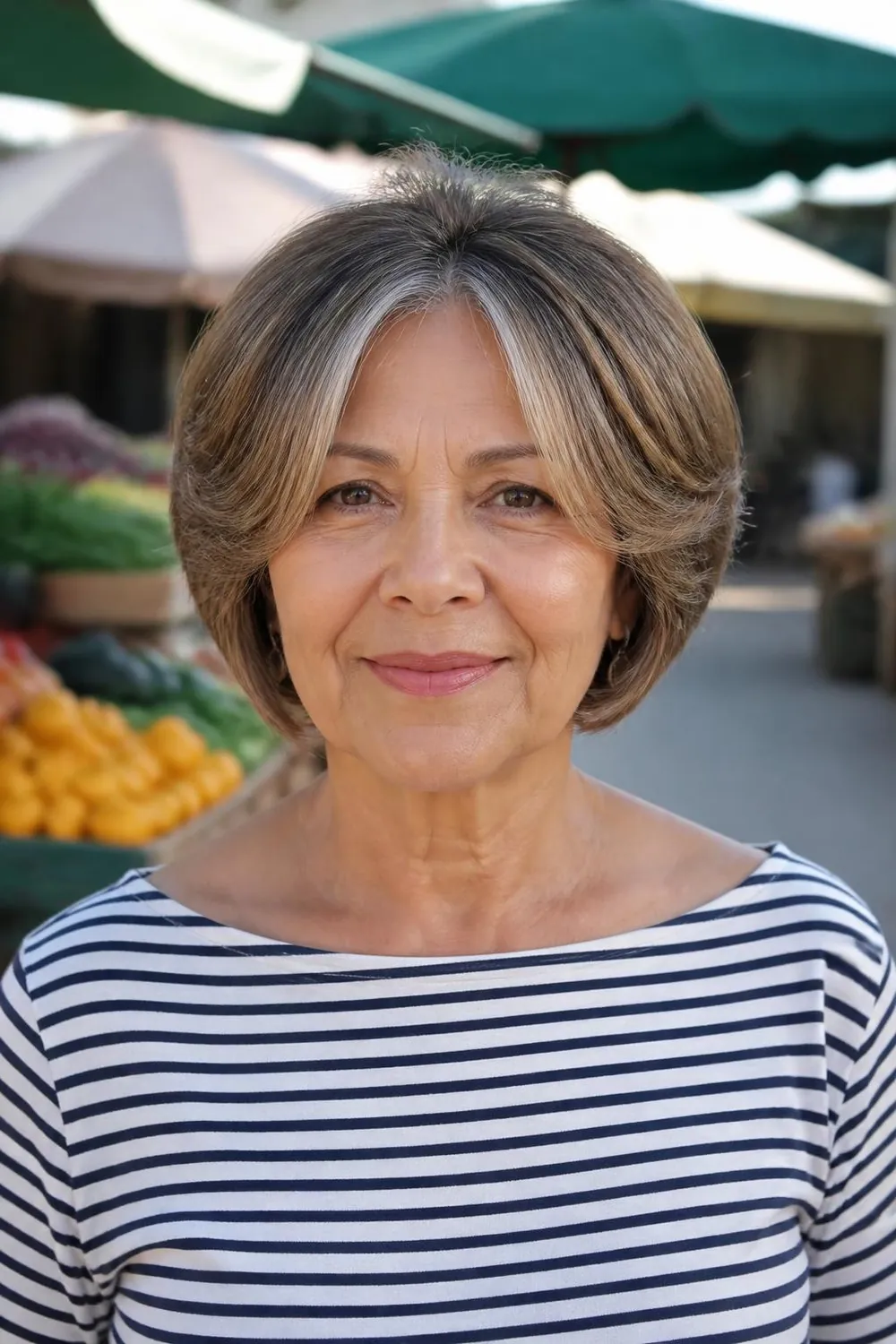Layered bob with curtain bangs parted in the middle on a woman over 60