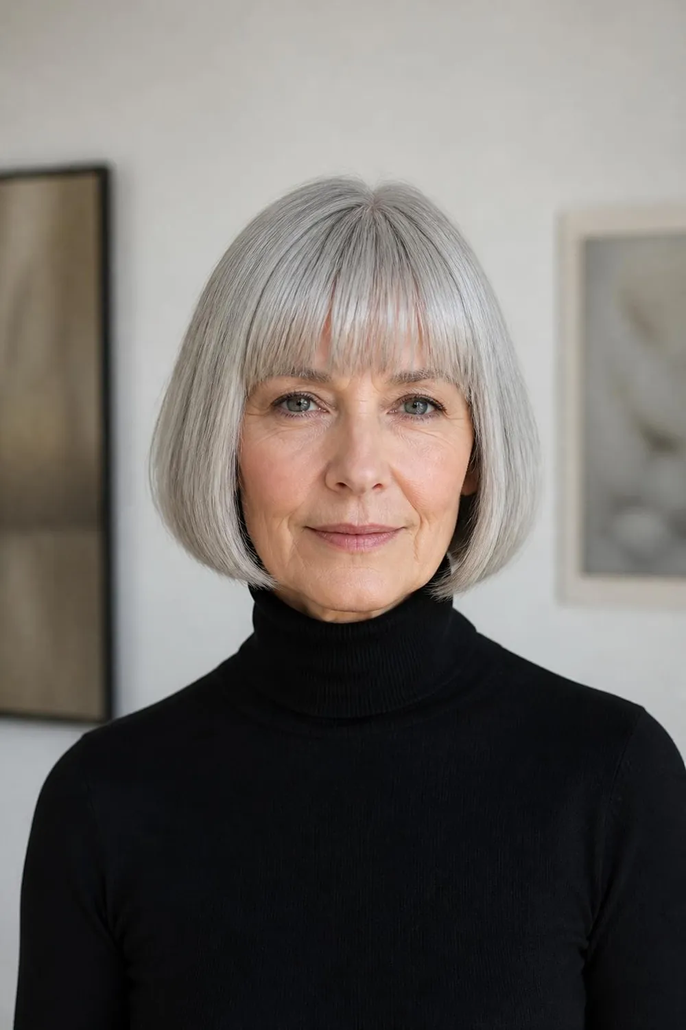 French bob at cheekbone length with brow-skimming bangs for women over 60