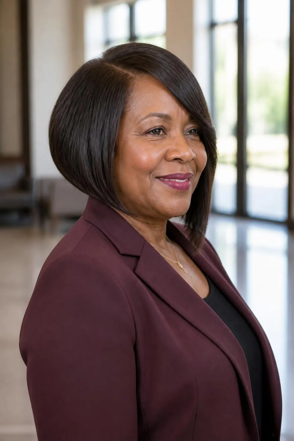 Asymmetrical bob with a deep side part, longer on one side, for round faces over 60