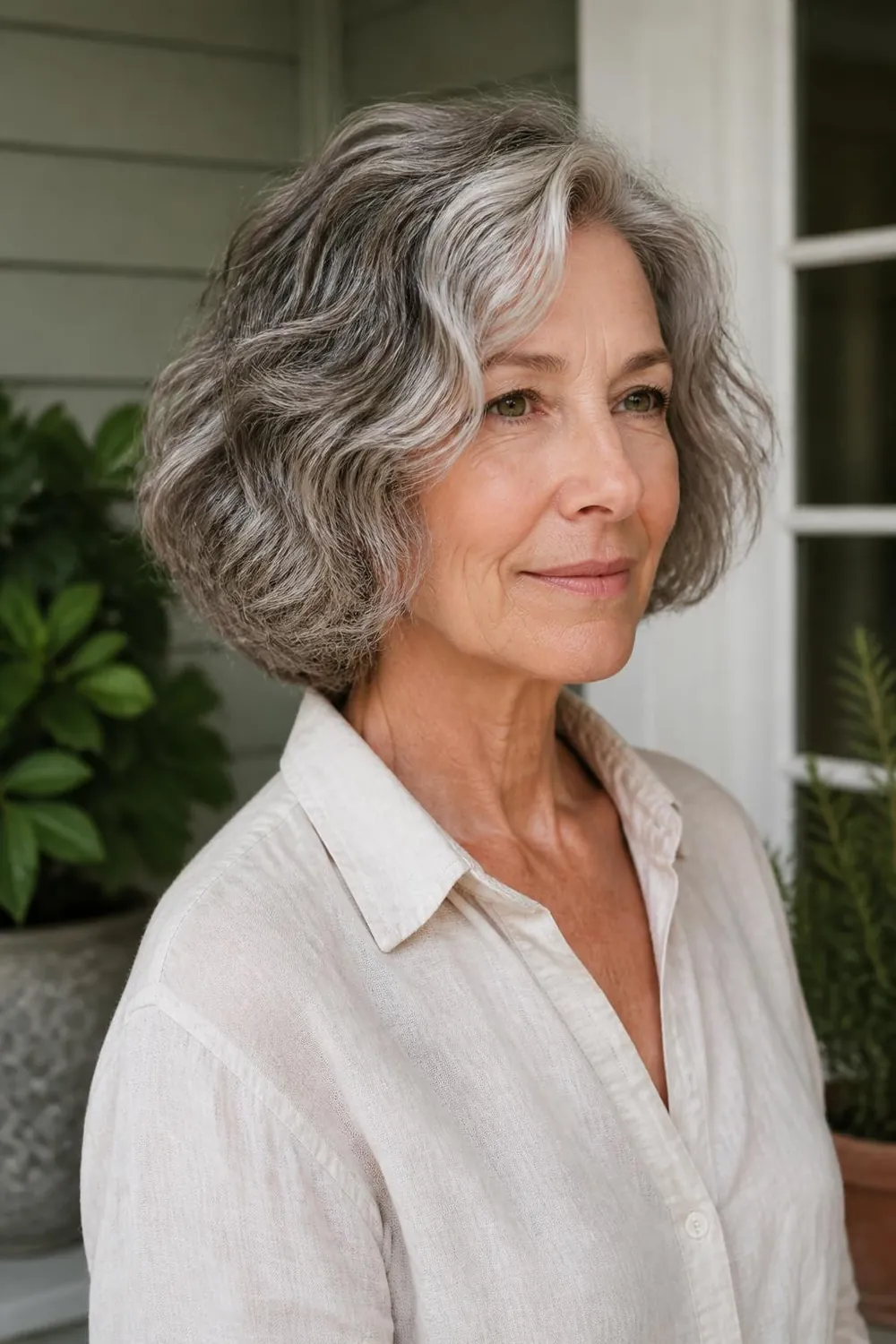 Wash-and-go wavy bob with air-dried texture for women over 60 with wavy hair