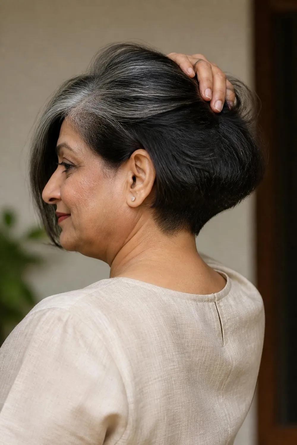Chin-length bob with a hidden nape undercut for women over 60 with thick hair