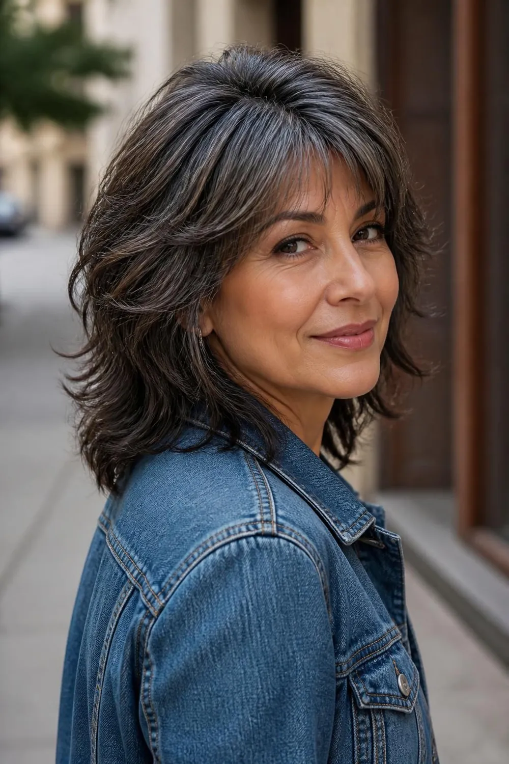 Shoulder-length shag with feathered layers and wispy bangs for women over 60