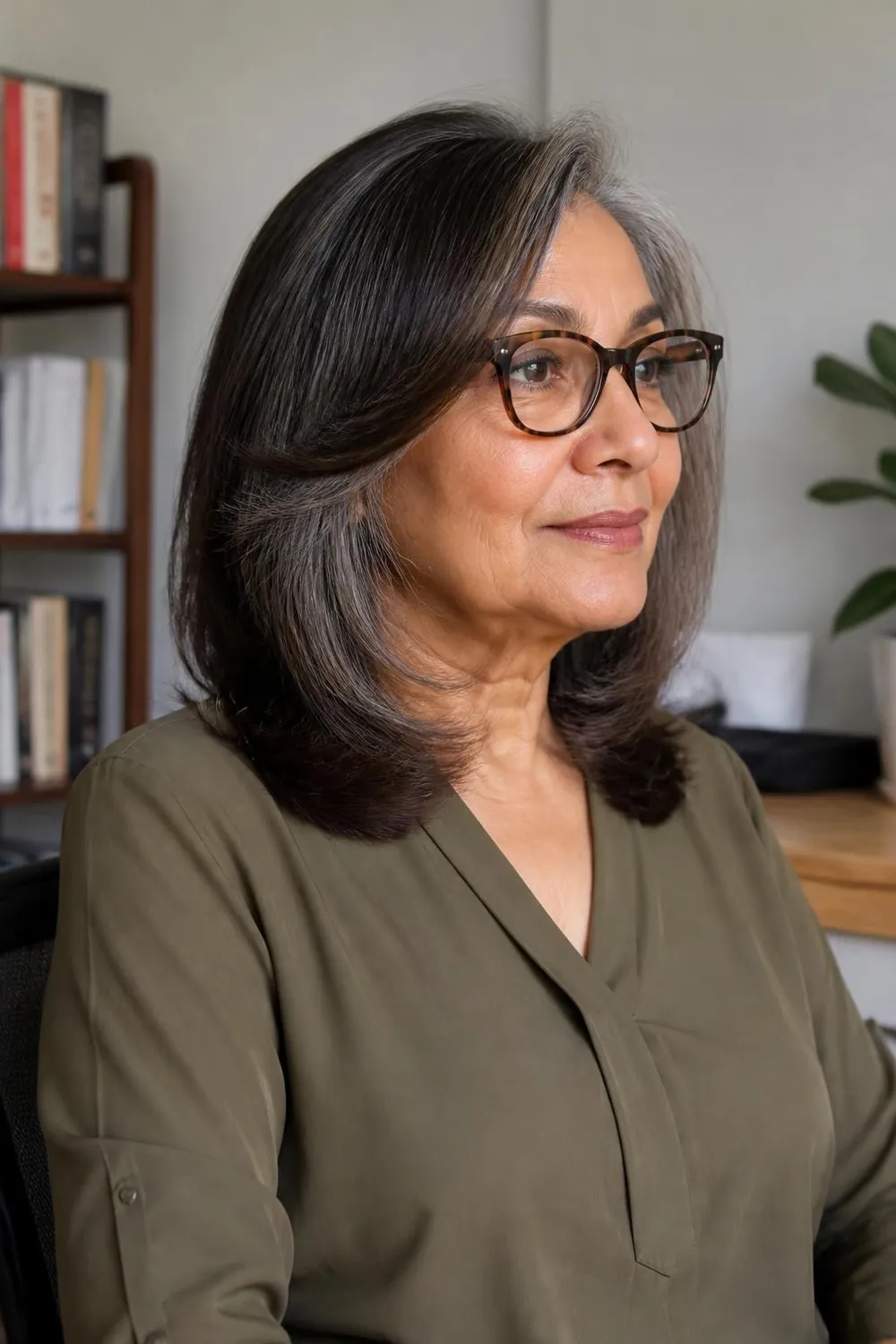 Shoulder-length side-swept layers that frame glasses for women over 60