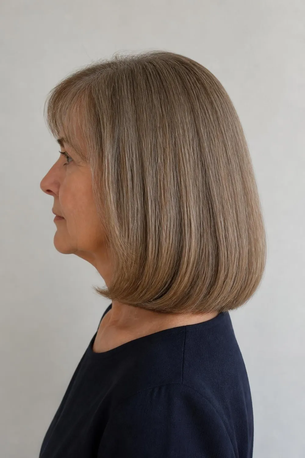 Blunt shoulder-length cut with beveled ends curving under for women over 60