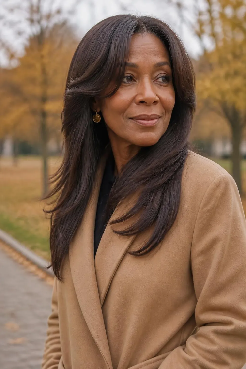 Long layered haircut with face-framing pieces for women over 60 with long hair