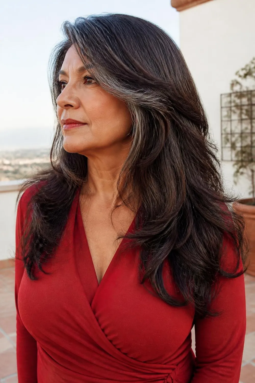 Long hair with a sweeping side fringe and soft waves for women over 60