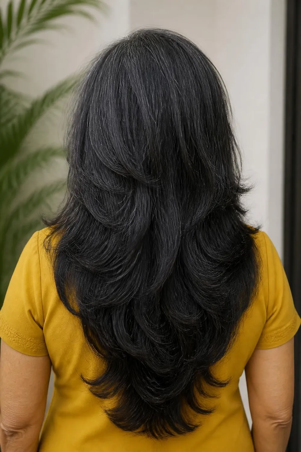 Long V-shaped layers that remove bulk for women over 60 with thick long hair