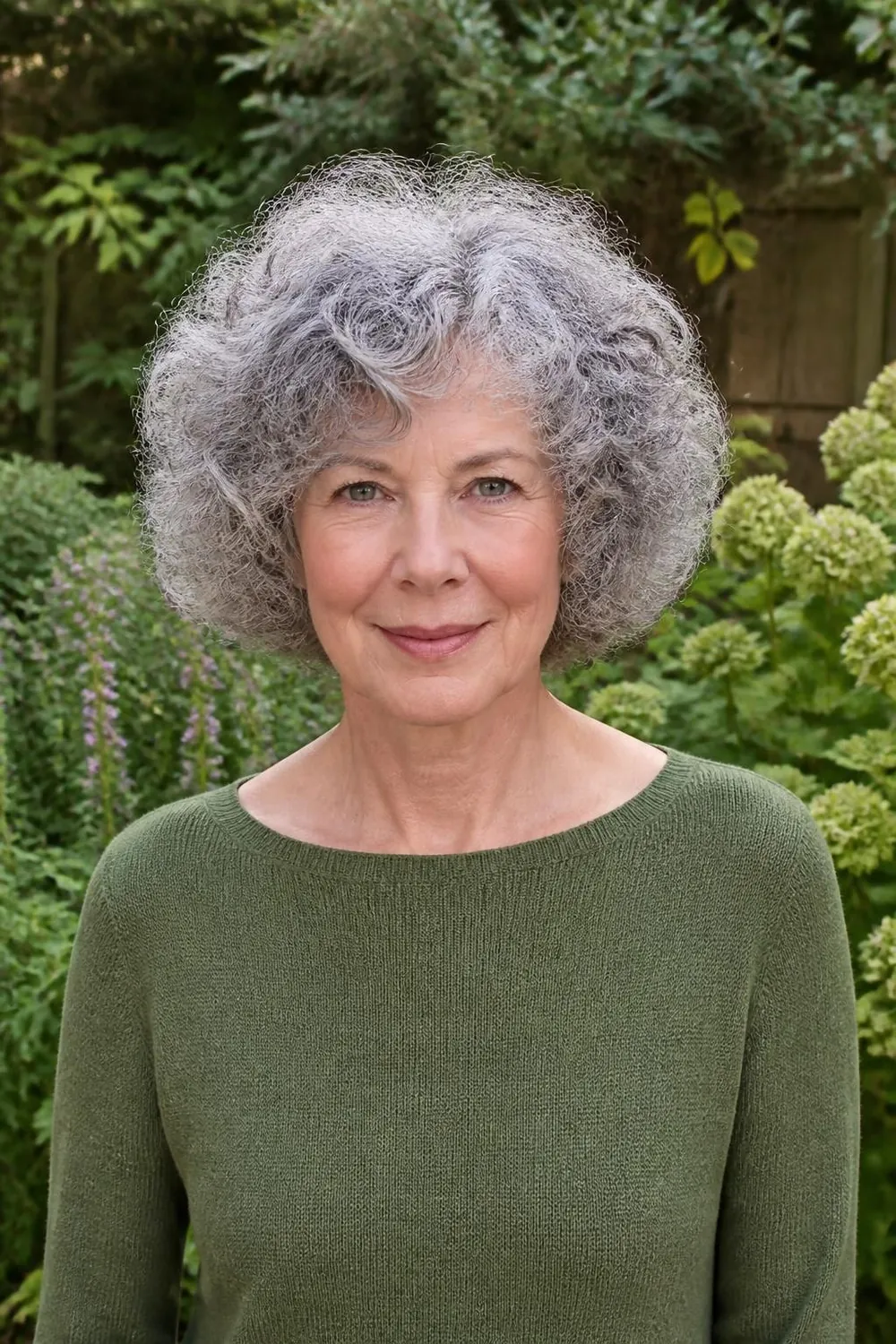 Rounded curly bob cut dry for shape on a woman over 60 with curly hair