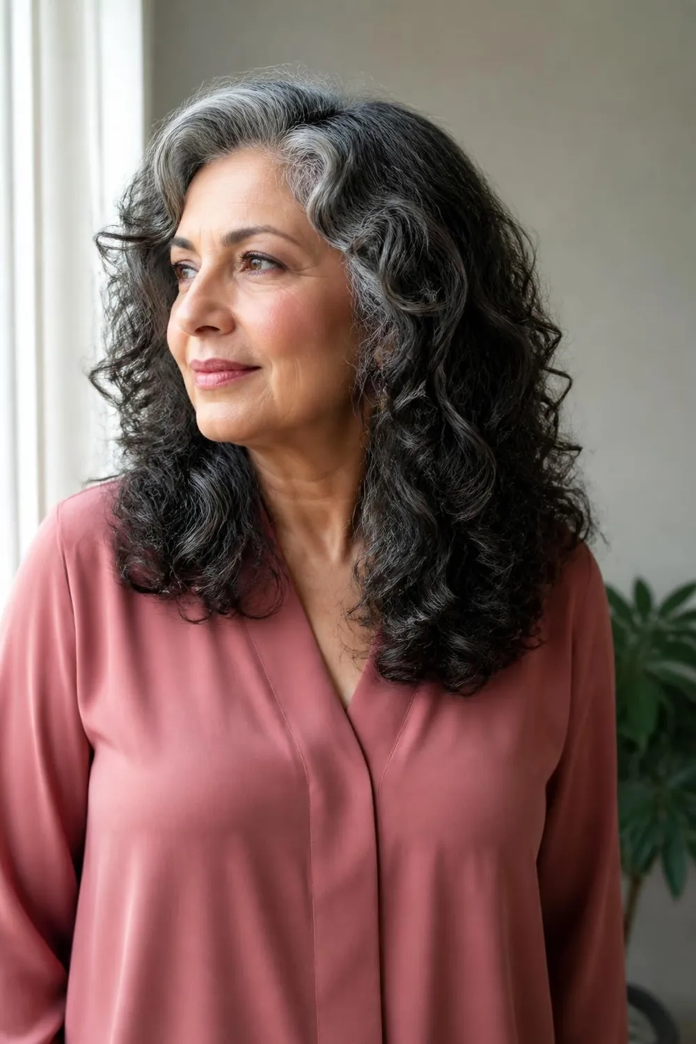 Shoulder-length curly hair with long layers for definition on a woman over 60