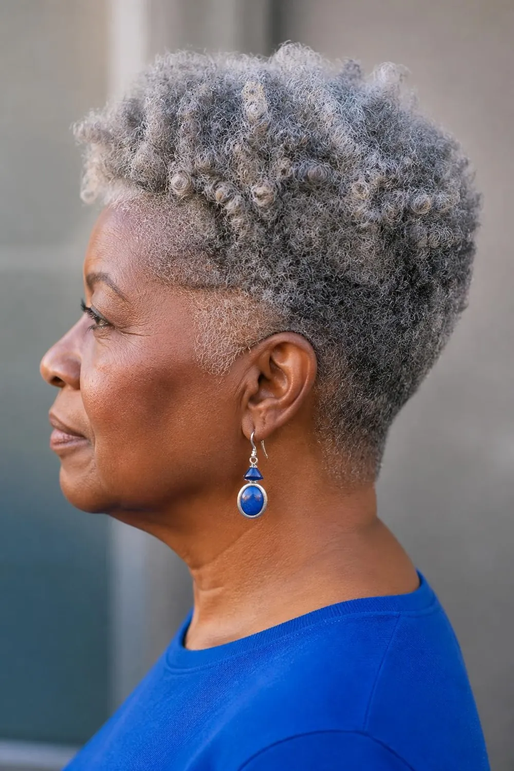 Tapered natural cut with short sides and coils on top for Black women over 60