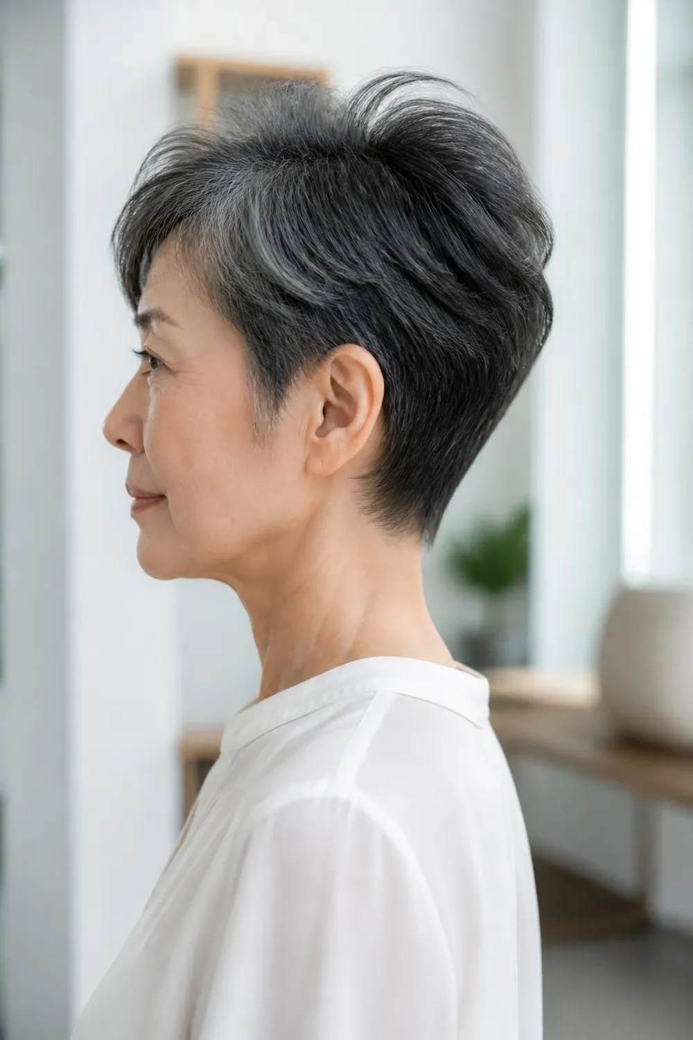 Feathered crown pixie with soft lifted layers for women over 60 with fine hair