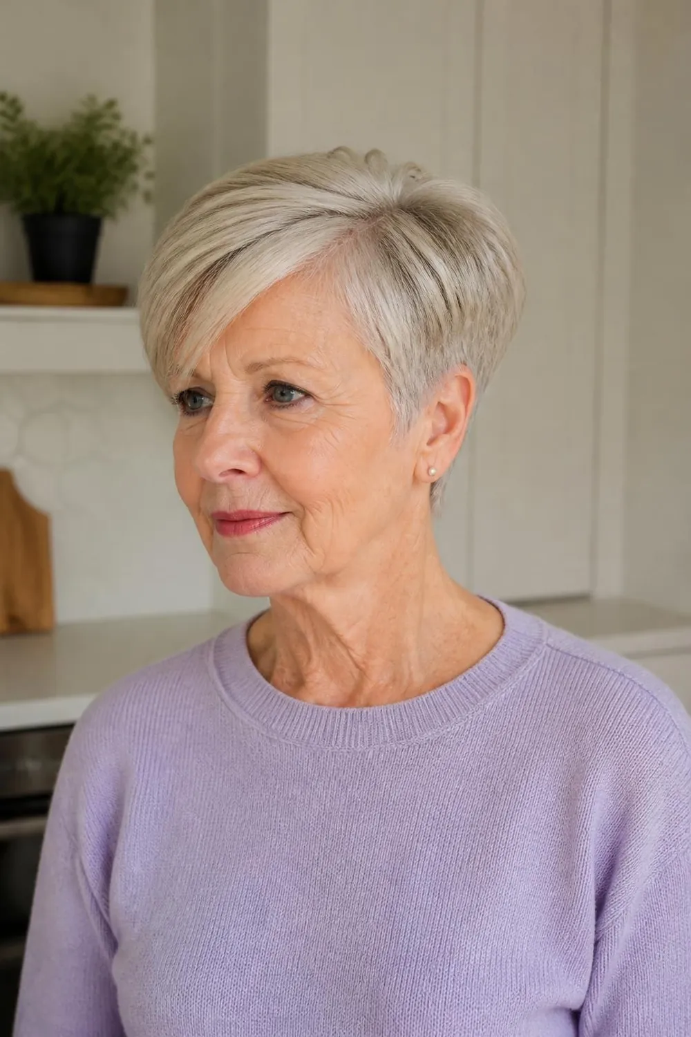 Side-swept pixie covering a wide part for women over 60 with thin hair