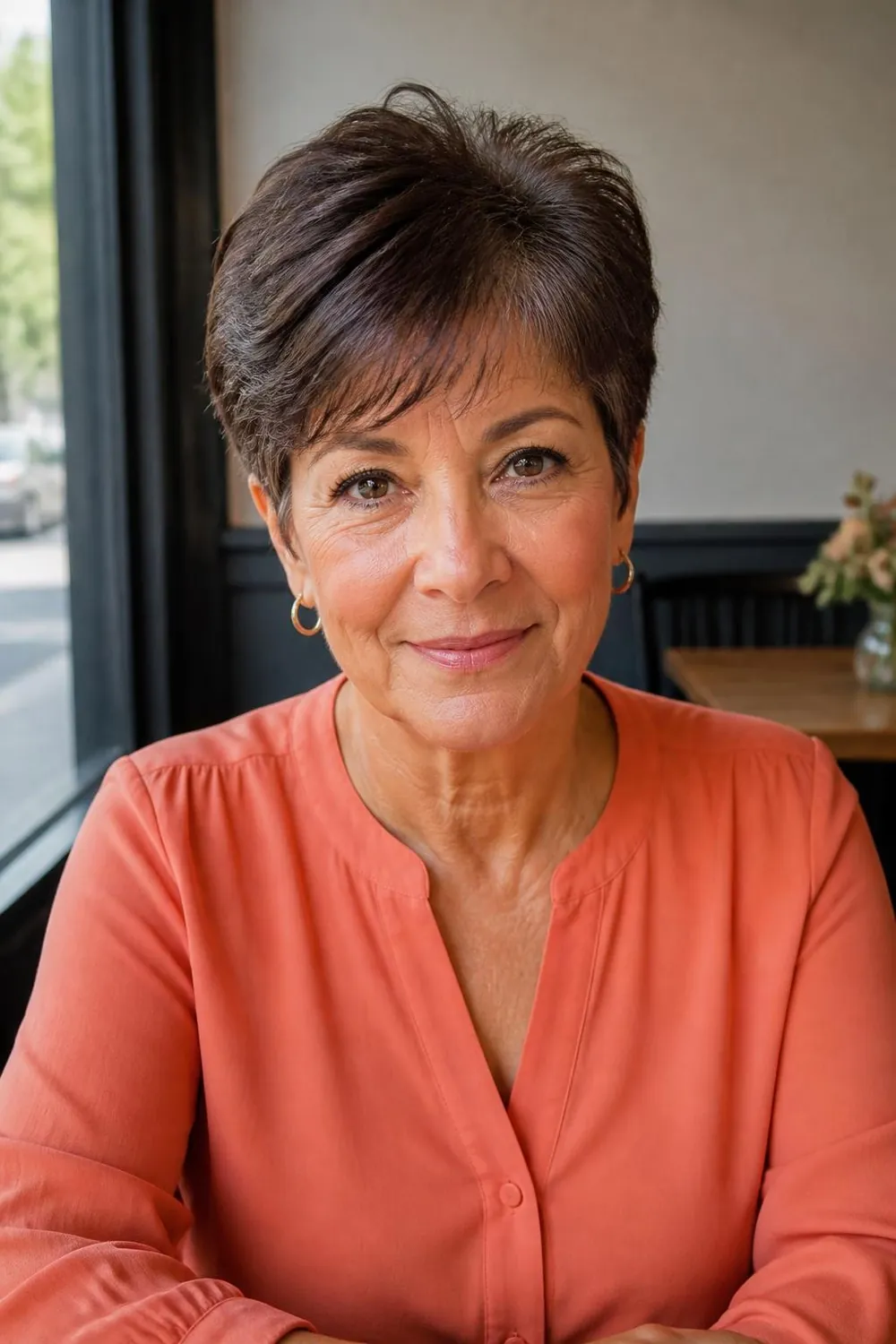 Pixie with a wispy fringe softening a thin front hairline for women over 60