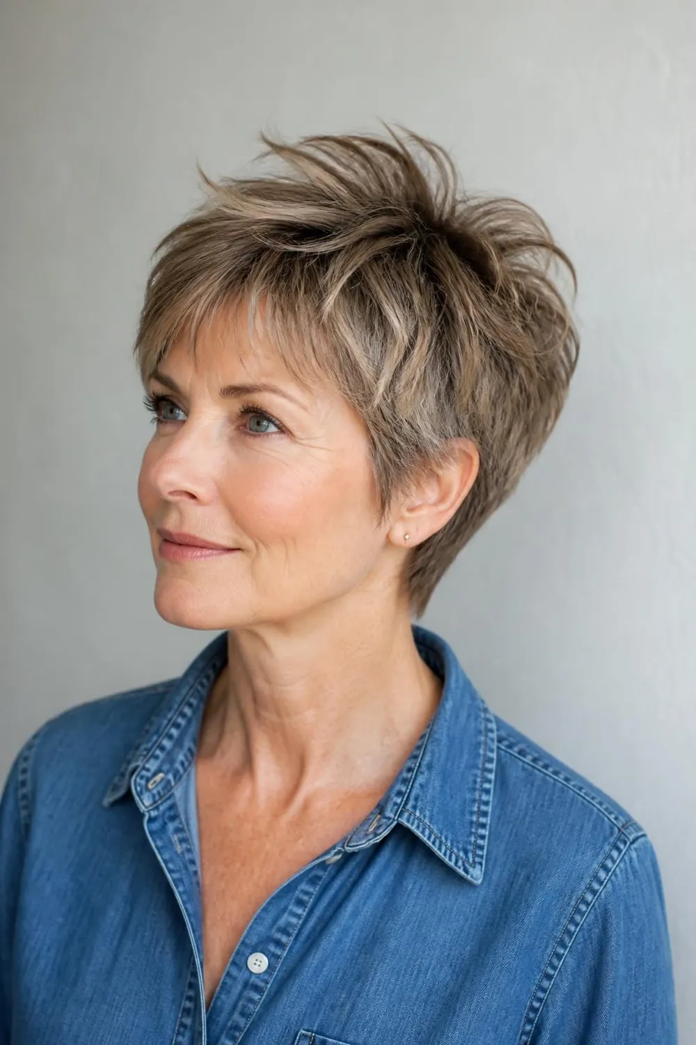 Tousled pixie with texture spray at the roots for women over 60 with fine hair