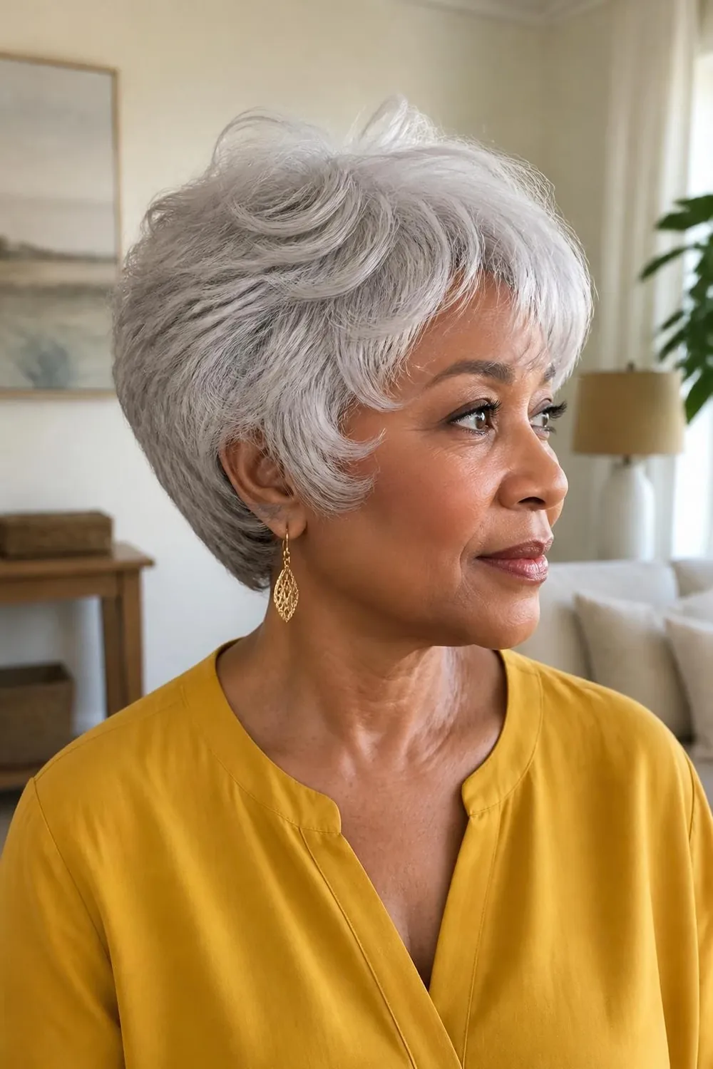 Fluffy bixie with soft edges and airy layers for women over 60 with thin hair