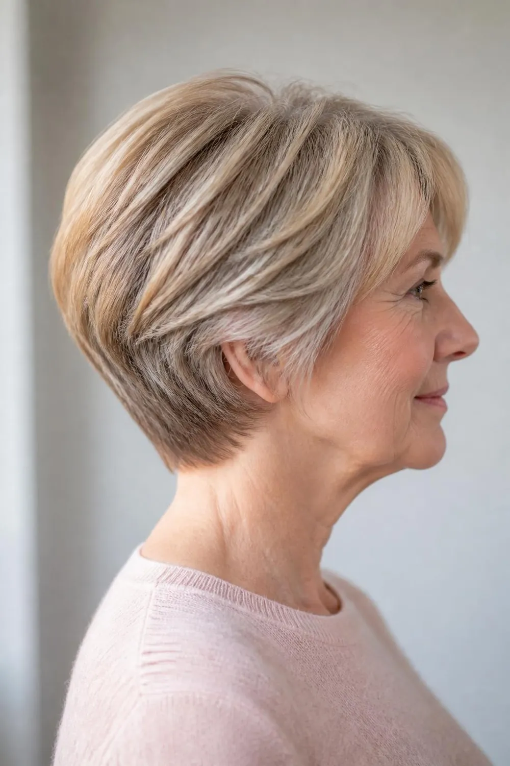 Short cut with a rounded nape and stacked volume for women over 60 with fine hair
