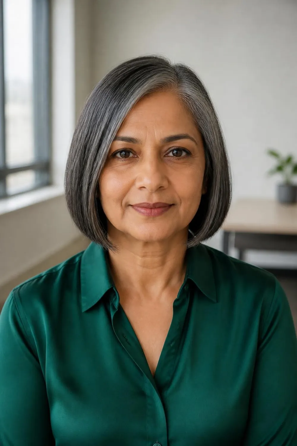 Ear-length blunt bob with a sharp edge for women over 60 with fine straight hair