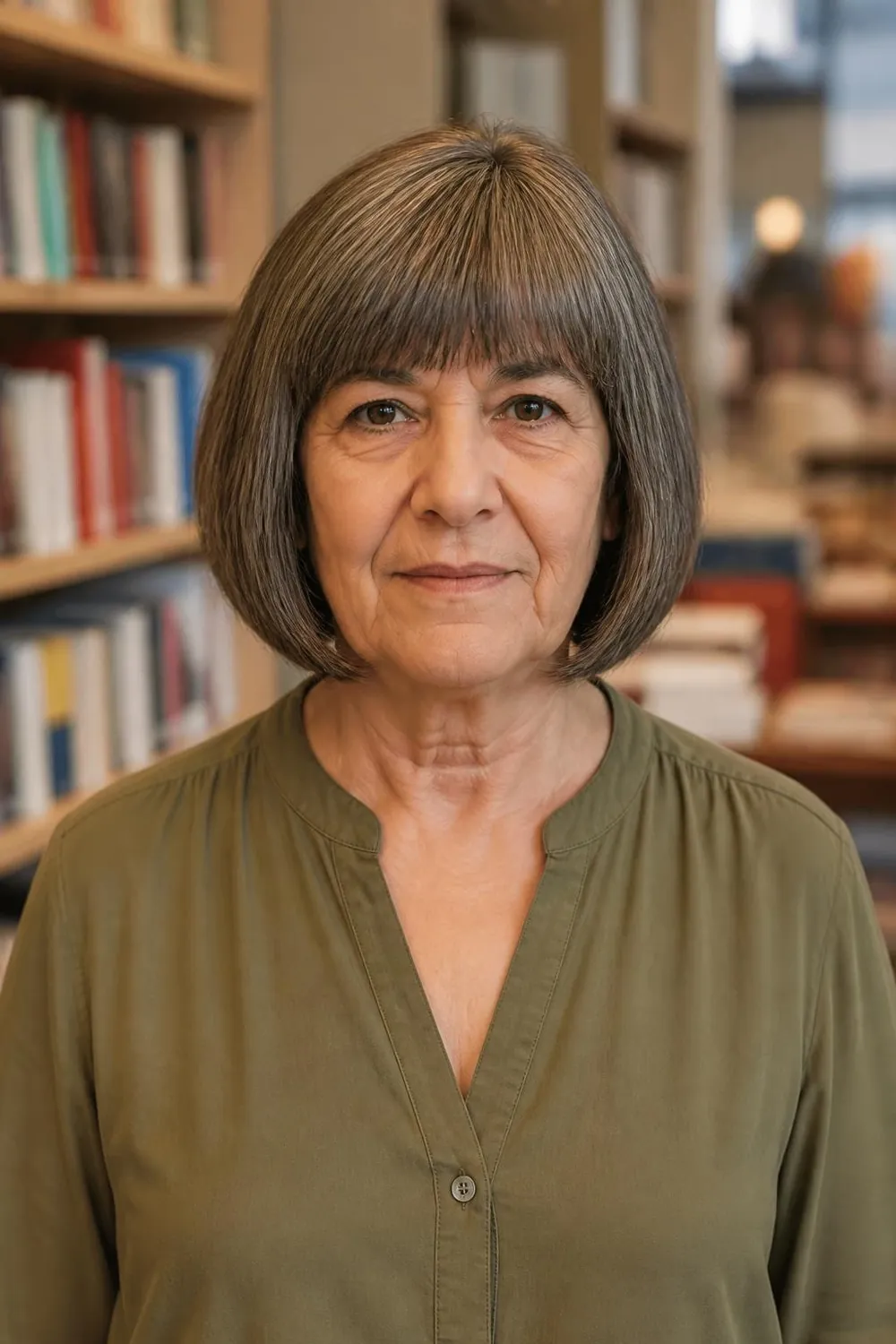 Bob with a thick blunt fringe for women over 60 with thin hair