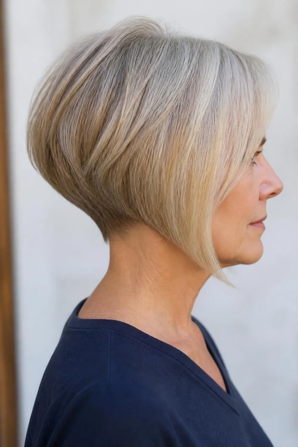 Inverted bob with a lifted stacked back for women over 60 with fine hair