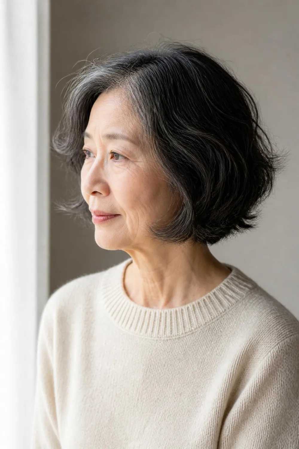 Undone chin bob with texture spray and soft bends for women over 60 with fine hair