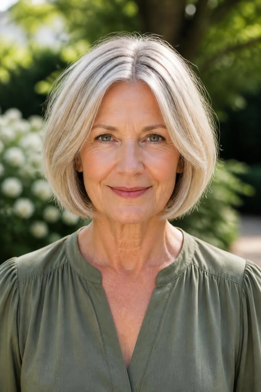 Bob with soft lowlights adding depth for women over 60 with fine gray hair