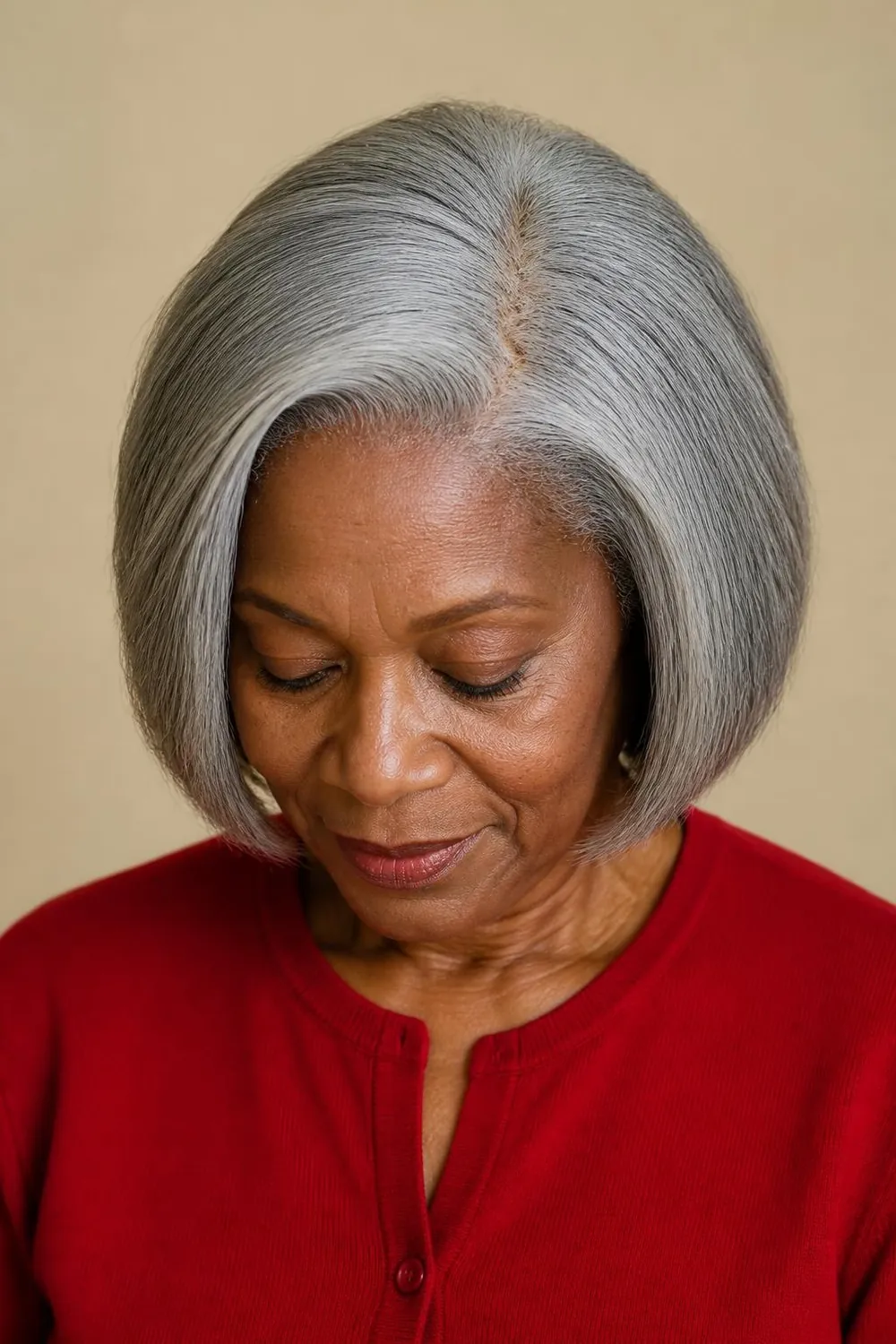 Chin bob with a zigzag part for lift for women over 60 with thin hair