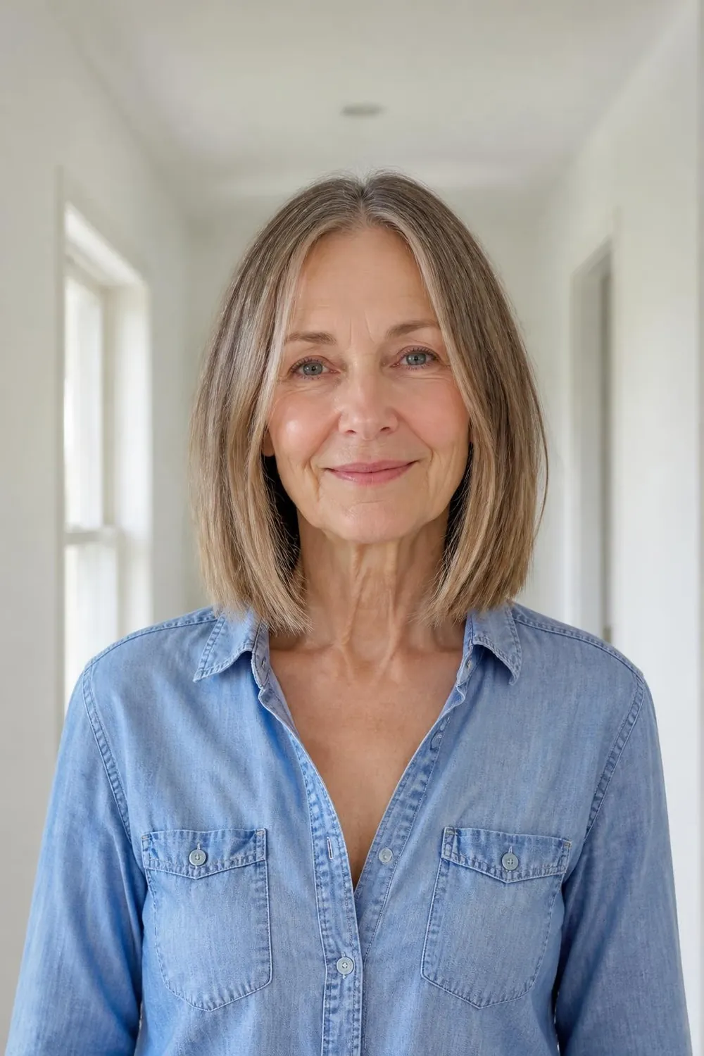 Blunt collarbone cut keeping thin ends full for women over 60 with fine hair
