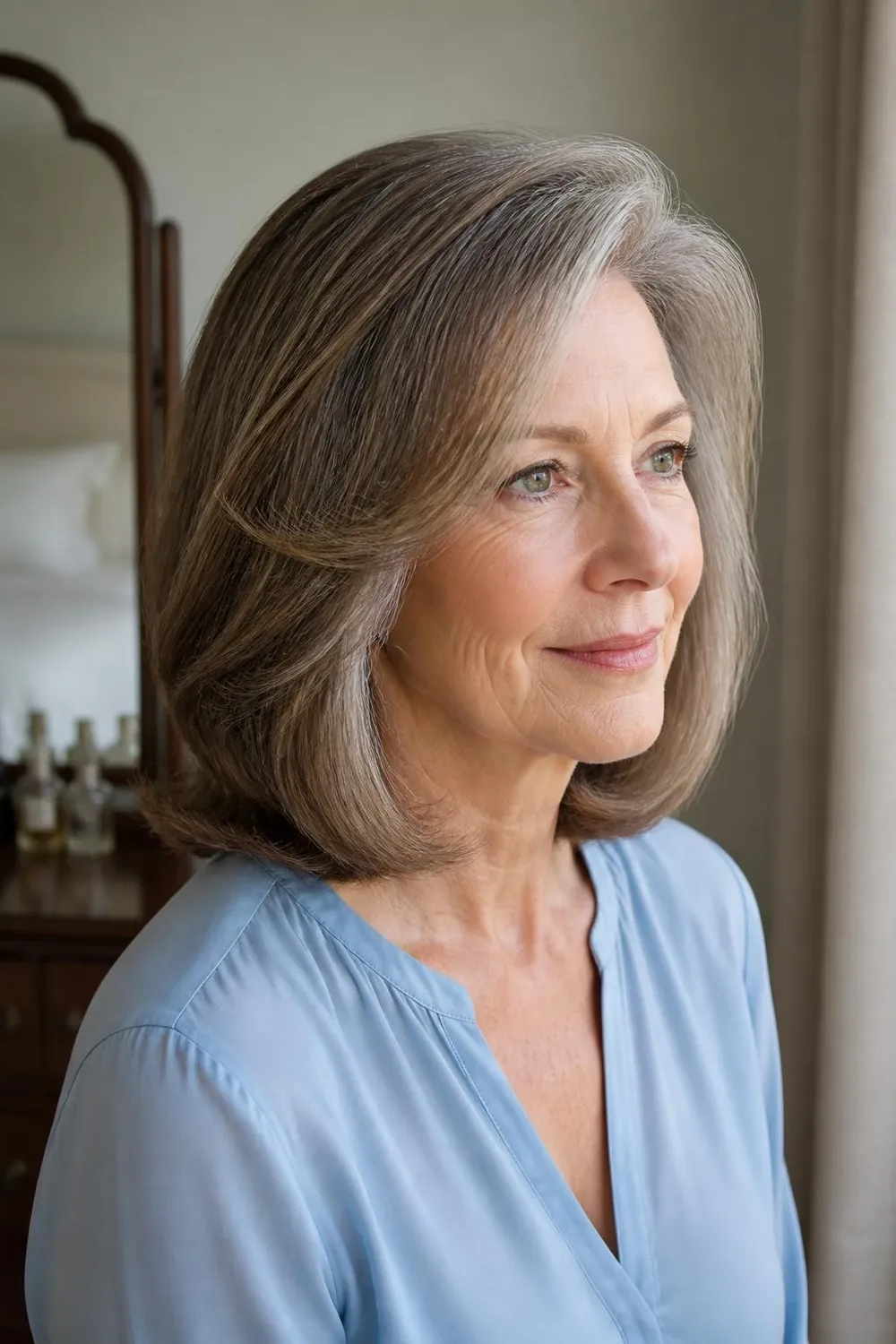 Collarbone lob with Velcro roller lift at the crown for women over 60 with fine hair