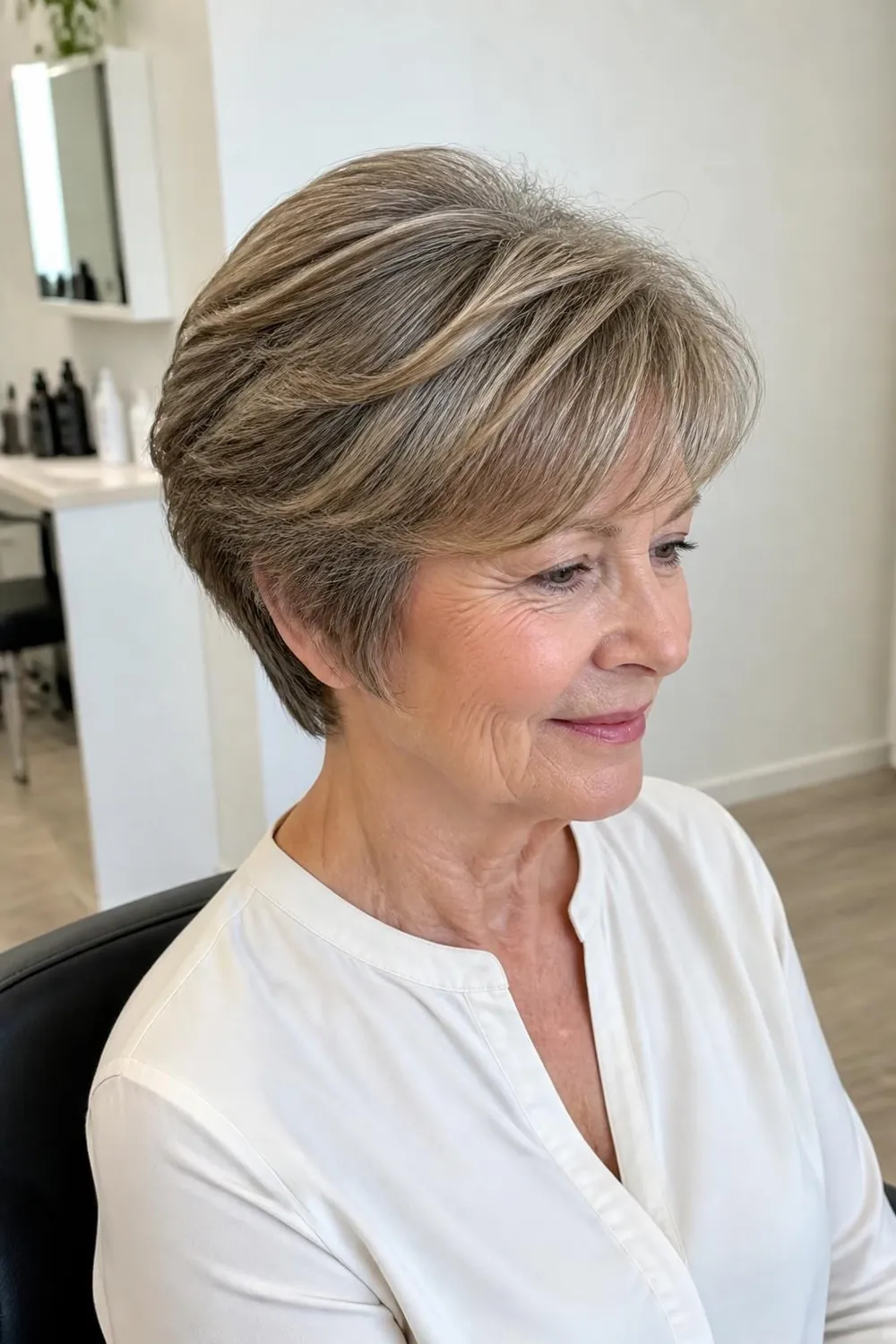 Short layered cut blended with a hair topper for women over 60 with thin crowns