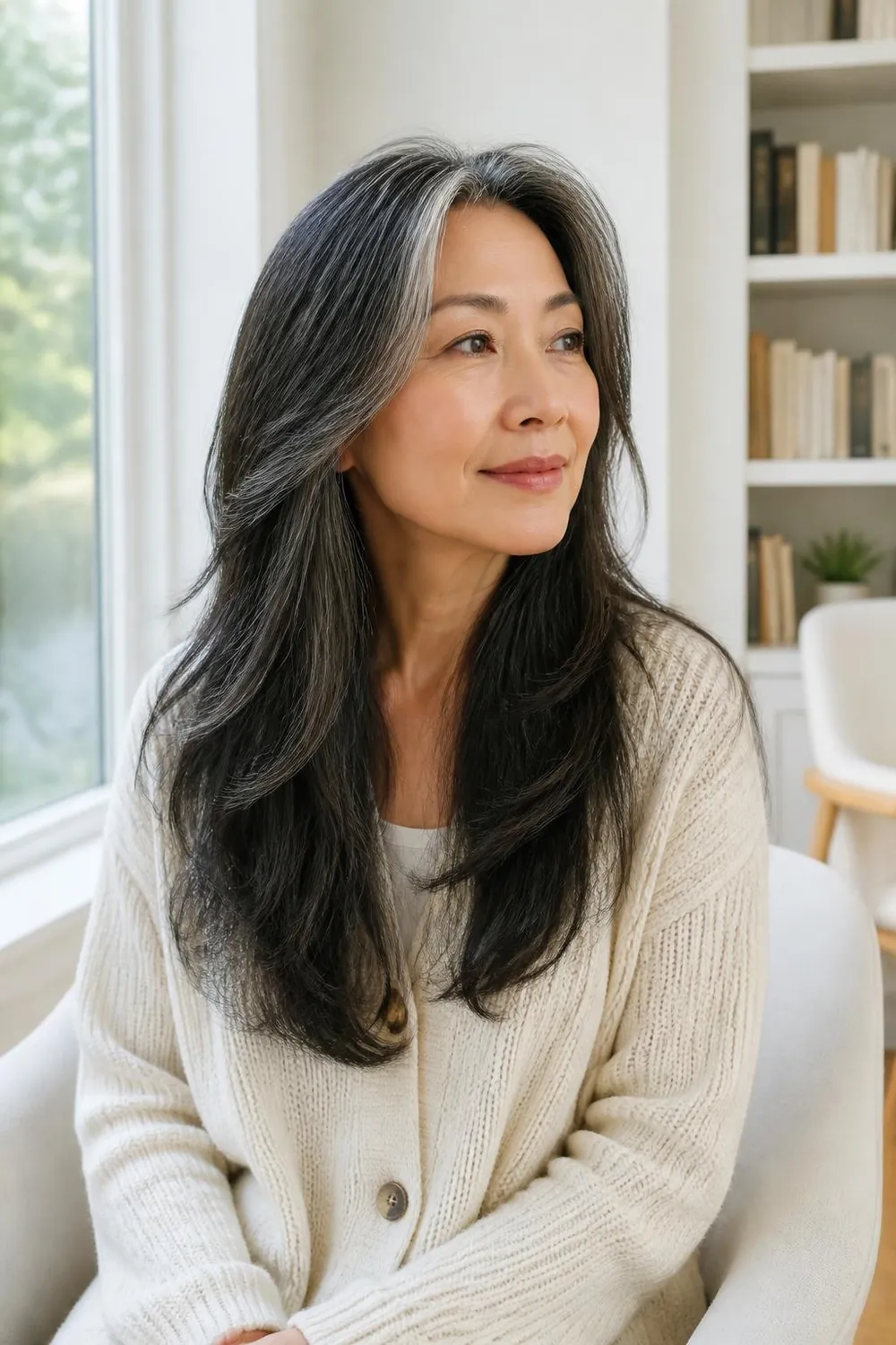 Long layered hair with chin-length face-framing pieces on a woman in her 60s