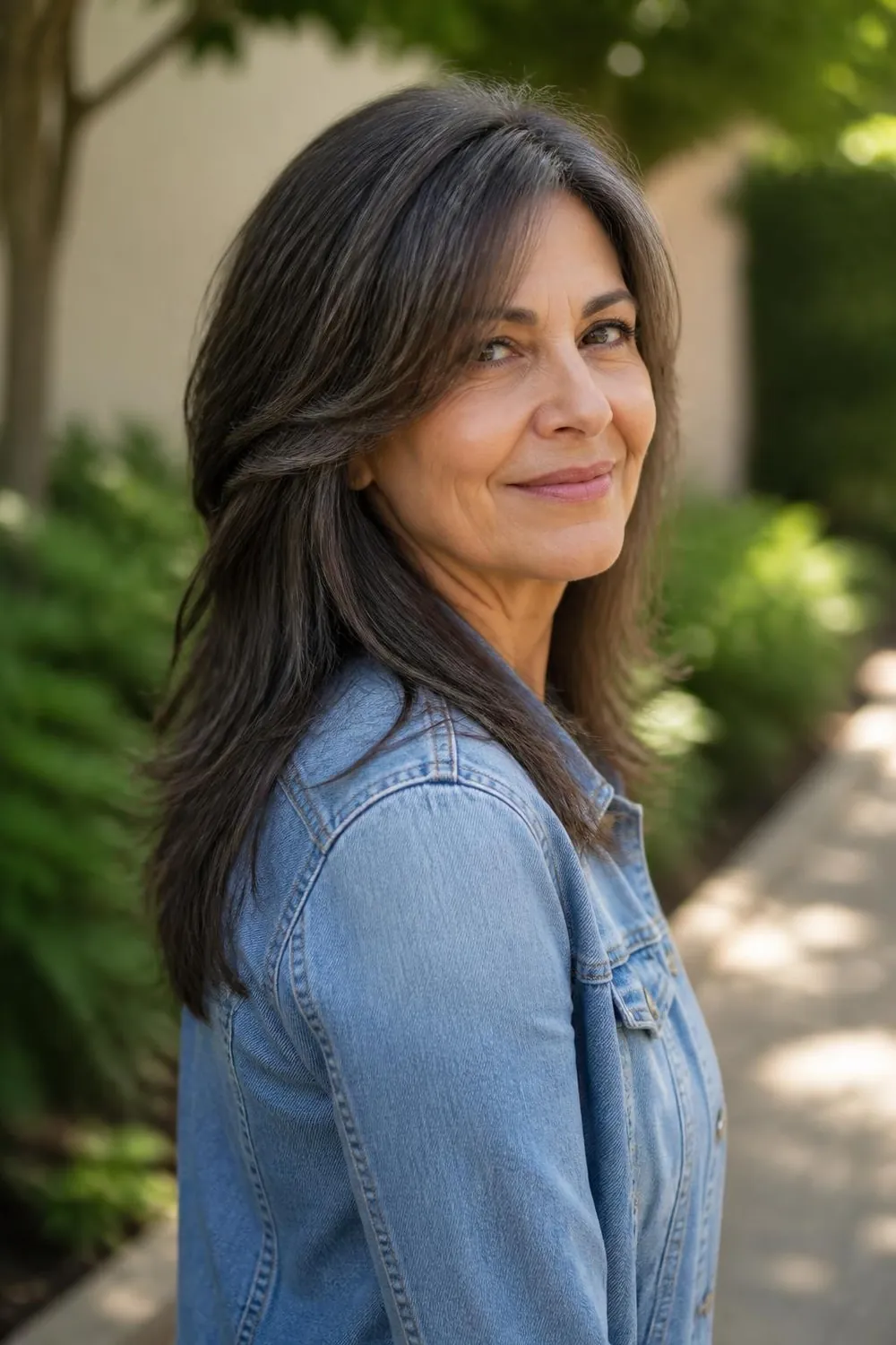 Long shag haircut with soft crown layers and wispy ends on a woman over 60