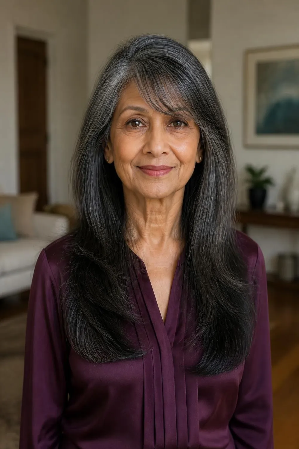Long straight hair with a light side fringe on a woman in her sixties