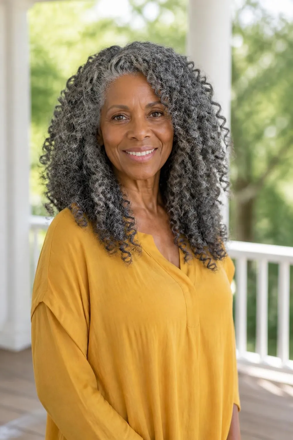 Long curly layers cut into a rounded shape on a Black woman in her 60s