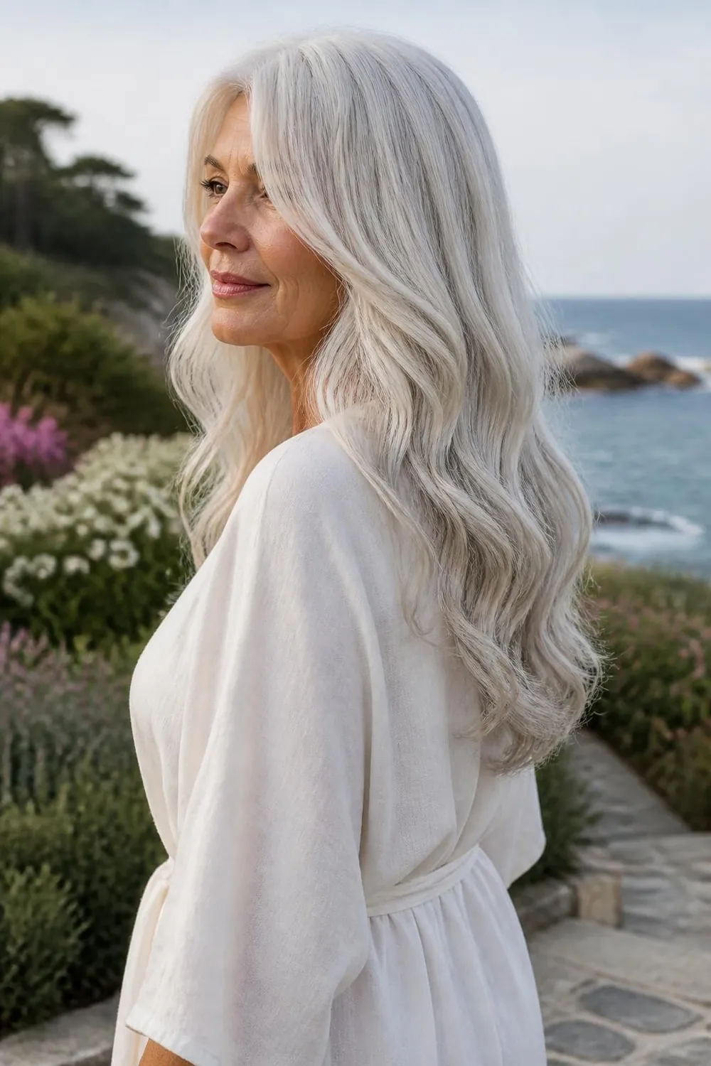 Long silver waves with a side part on a white woman in her late 60s