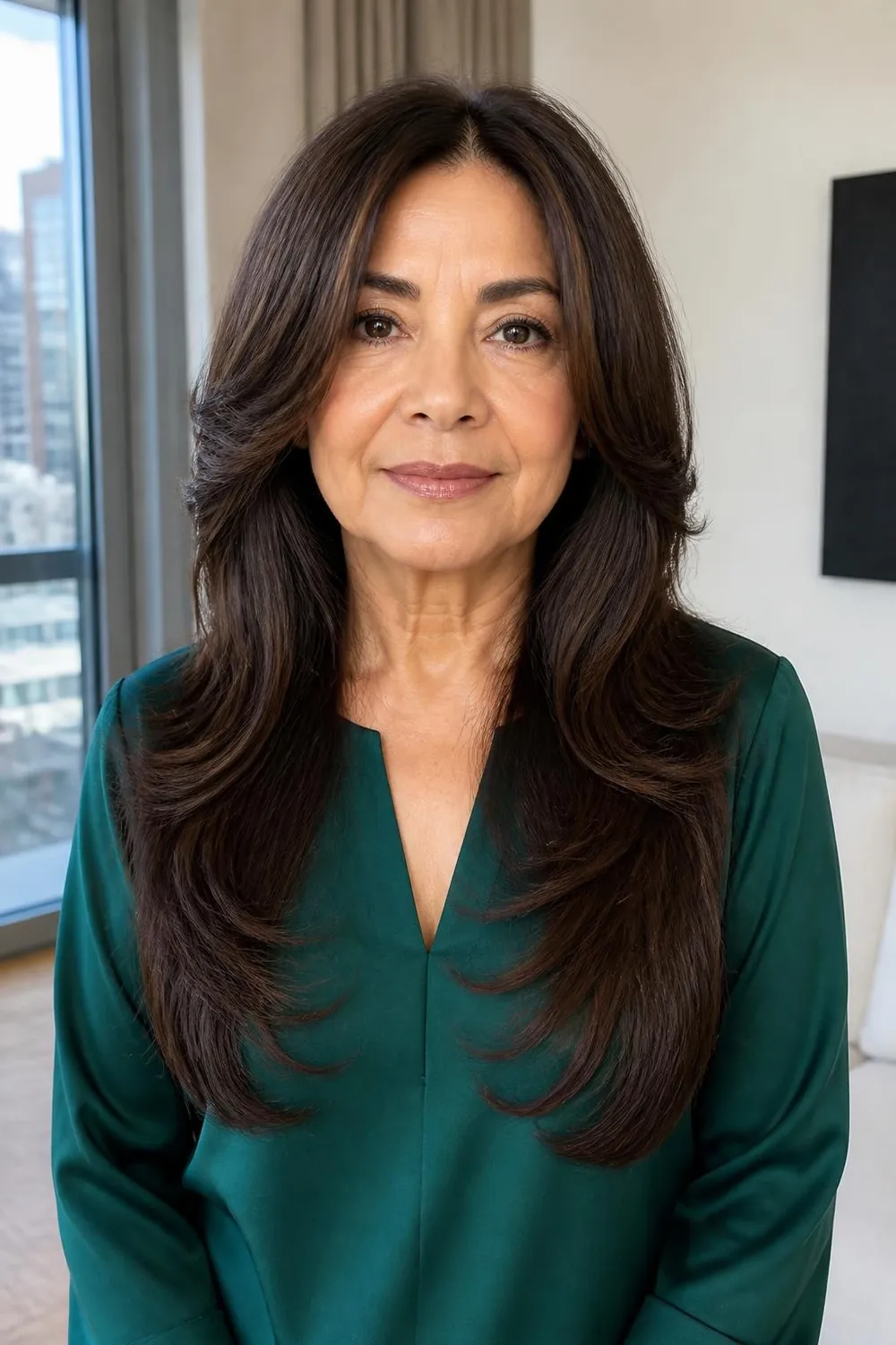 Butterfly layers on long dark hair with volume around the face, woman in her 60s
