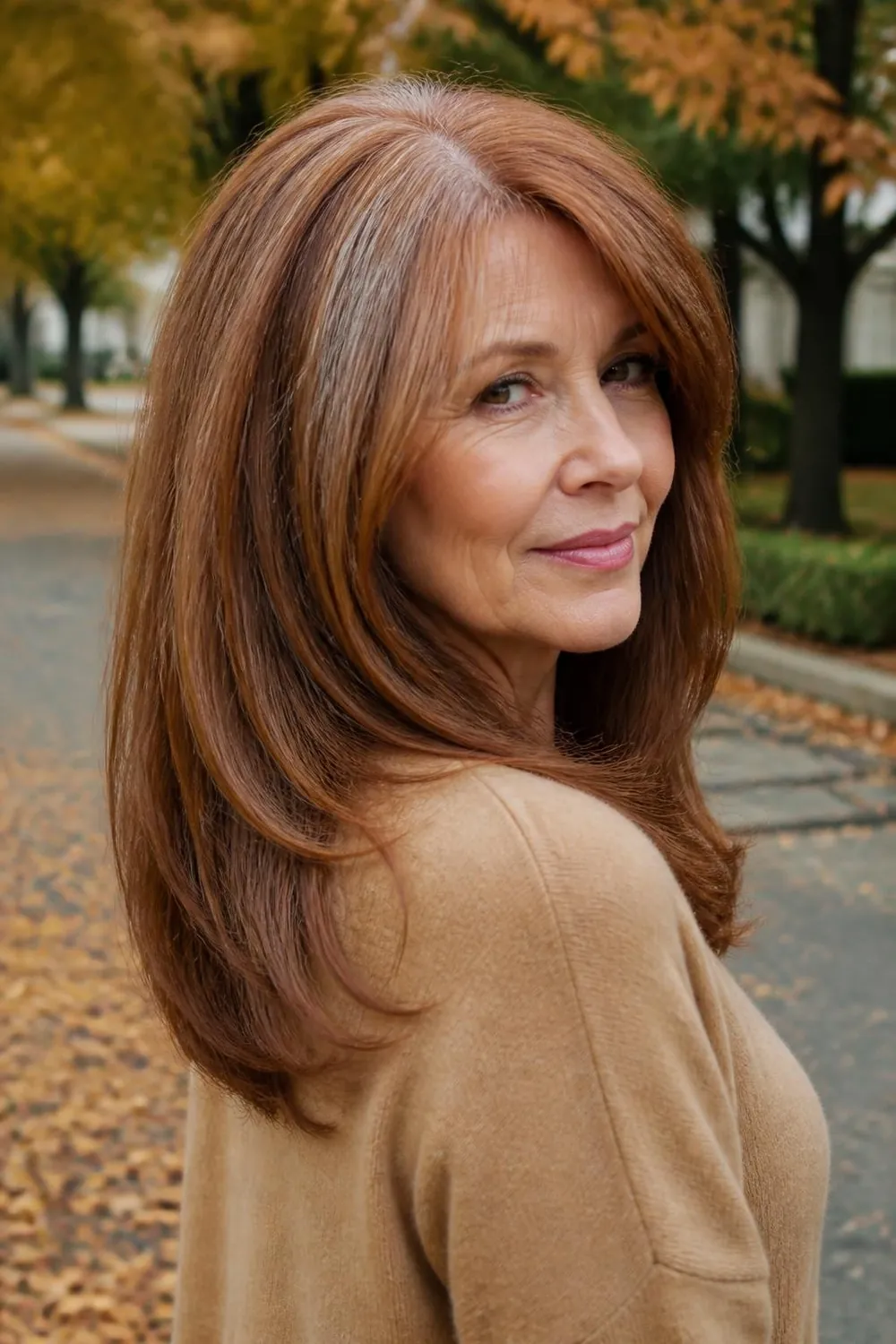 Long thick hair with hidden internal layers for less bulk on a woman over 60