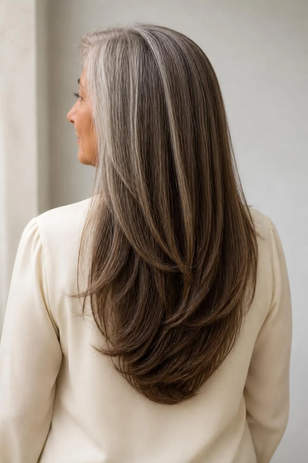 Long hair with a U-shaped hem and long layers, back view, woman over 60