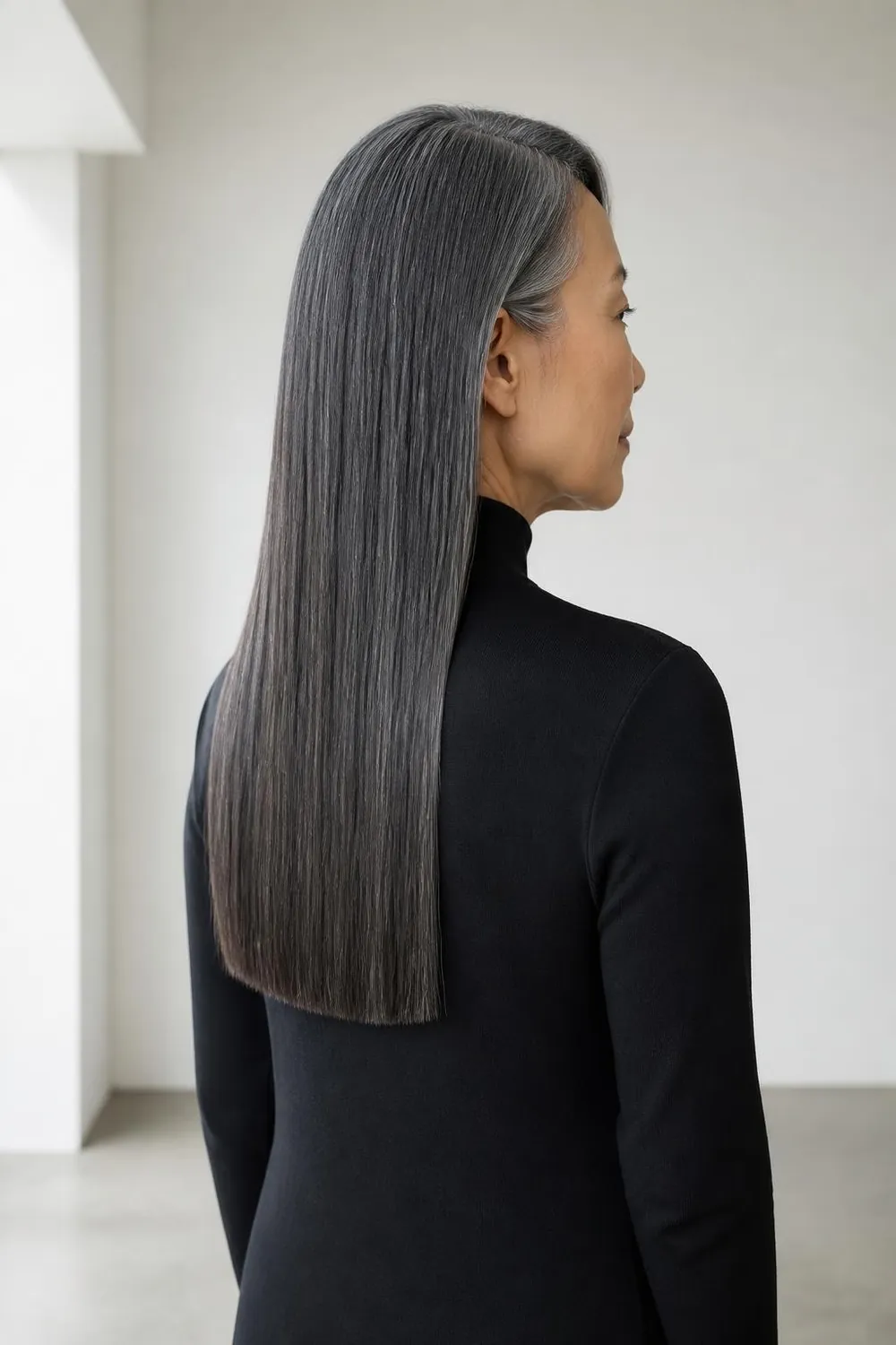 Mid-back blunt cut on long straight salt and pepper hair, East Asian woman over 60