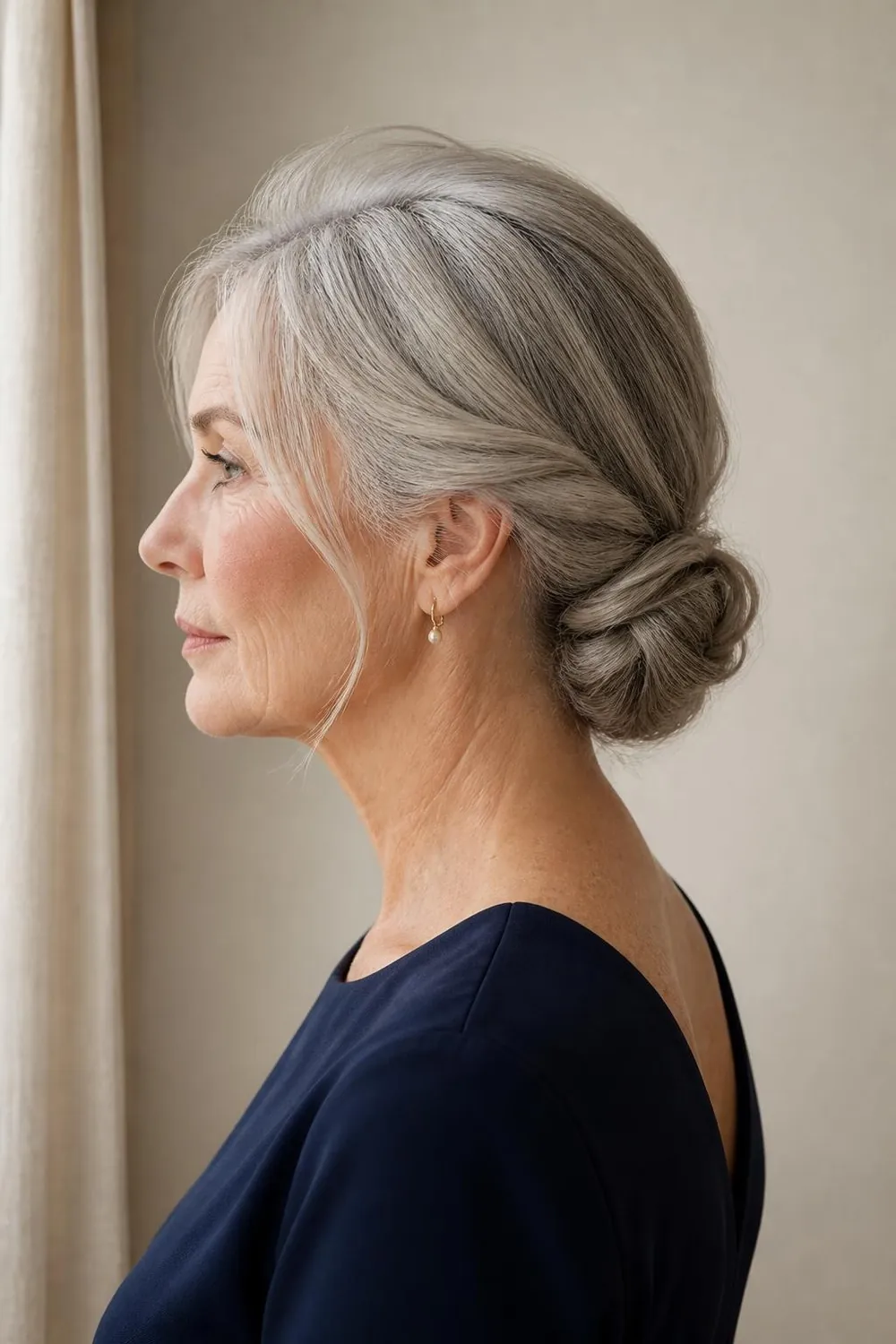 Low twisted chignon at the nape on long gray hair, side view, woman over 60