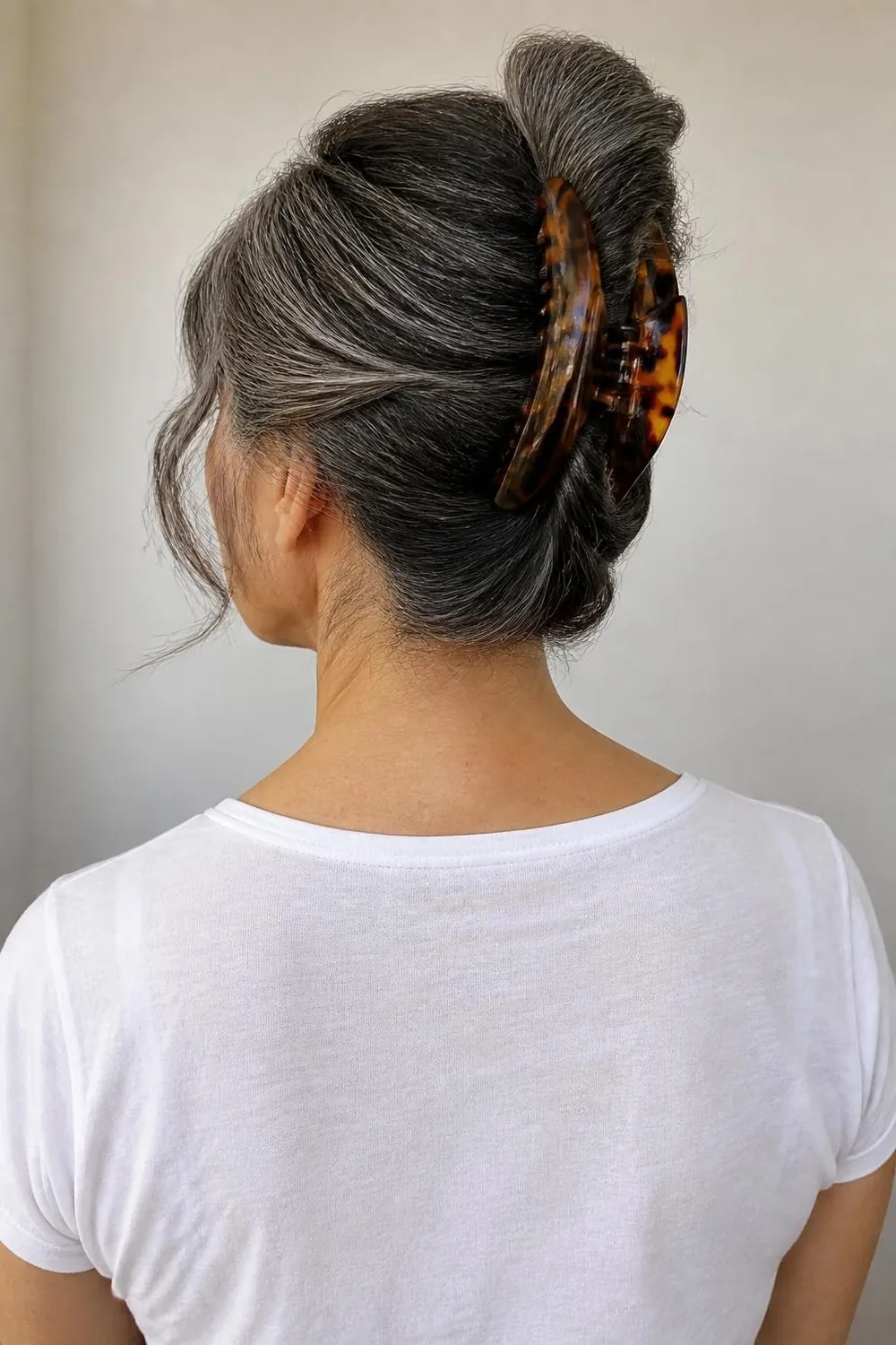 Claw-clip French twist on long hair with soft pieces at the face, back view