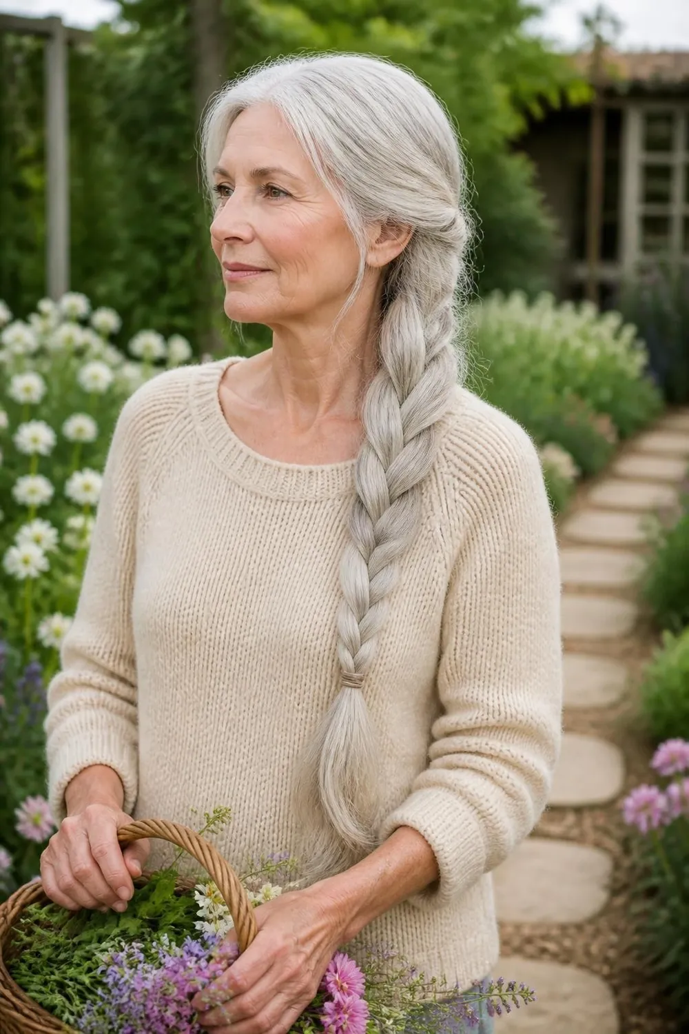 Loose side braid over one shoulder on long silver hair, woman over 60
