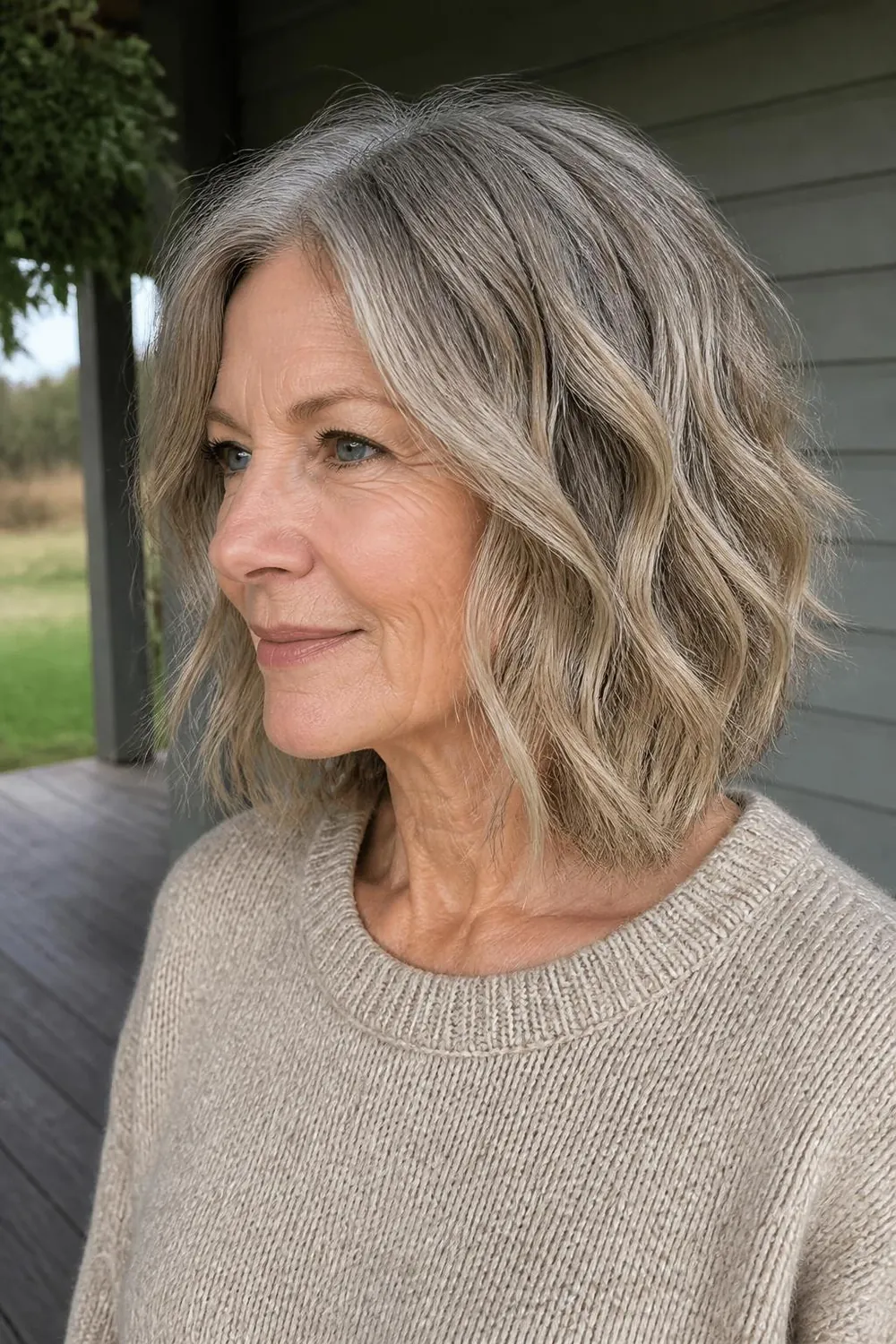 Textured collarbone lob with loose bent waves for women over 60