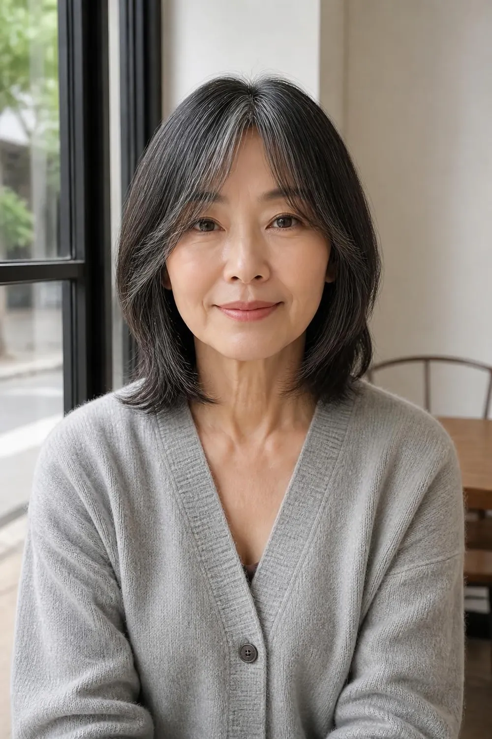 Collarbone lob with a curtain fringe that ends at the cheekbones for women over 60