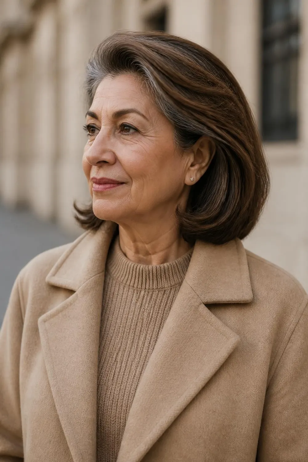 Swept-back lob with hair brushed off the face for women over 60