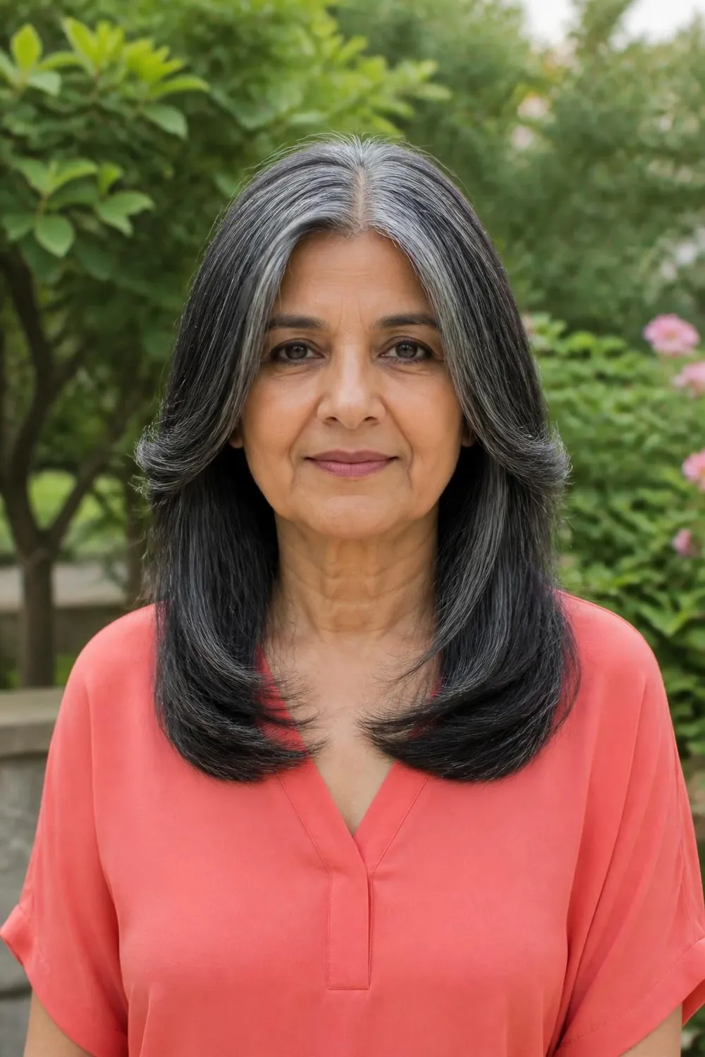 Middle-part medium cut with chin-length face-framing pieces for women over 60