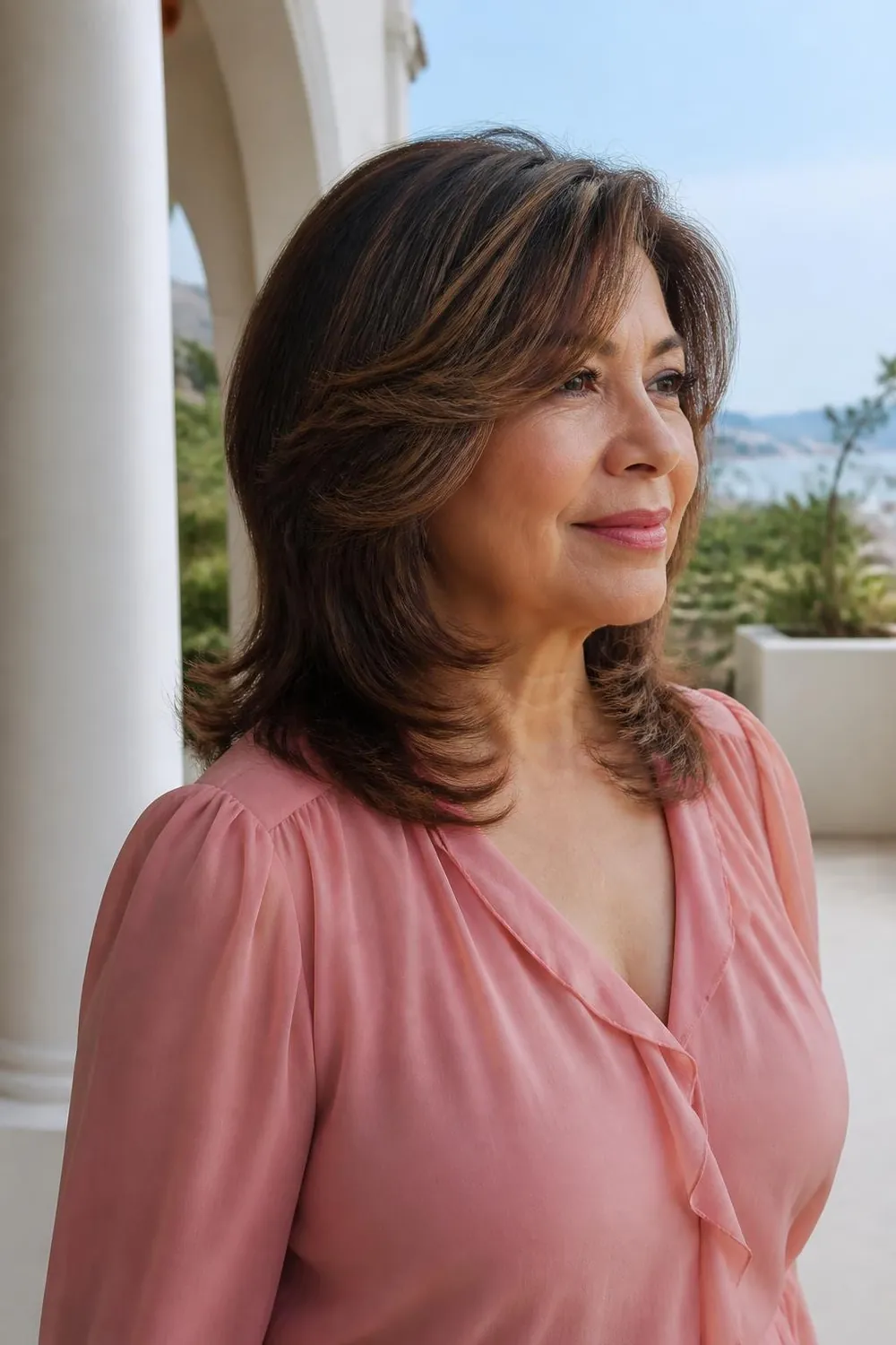Shoulder-length butterfly layers with short face-framing layers for women over 60